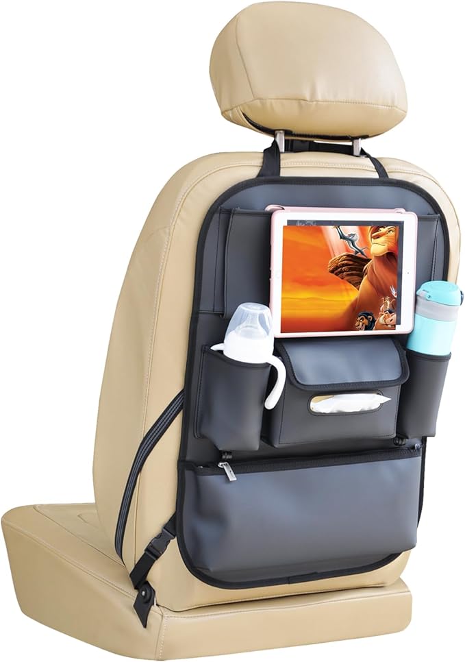 Car Seat Organizers Waterproof Backseat Protector with Storage Pocket Large Leather Kick Mats for Kids Pets Automobile SUV Truck (Black, Large Pocket)