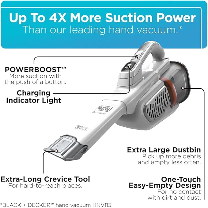 BLACK+DECKER Dust Buster Hand Held Vacuum Cordless Rechargeable, Portable Vacuum for Car, Extended Runtime, Powerful Suction,