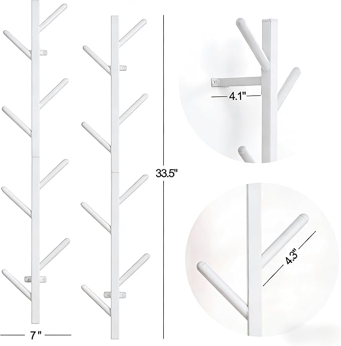 GAWAMAY Modern Vertical Coat Rack Wall Mount Set of 2 (Height33.4), White Metal Corner Wall Mounted Hat Racks Tree, Heavy Dut