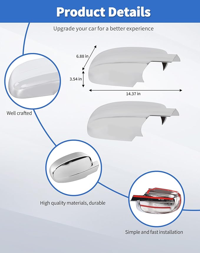 Rearview Mirror Fully Caps Covers Compatible with 2007-2014 Chevy Silverado GMC Sierra Avalanche Tahoe Suburban Yukon Escalade ESV Left Right Side View Upper Mirror Cover Caps, Chrome