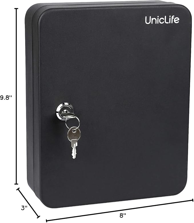 Uniclife 48-Key Steel Key Cabinet with 2 Unlocking Keys Wall Mounted Key Organizer Black Frosted Security Box with Hooks and 