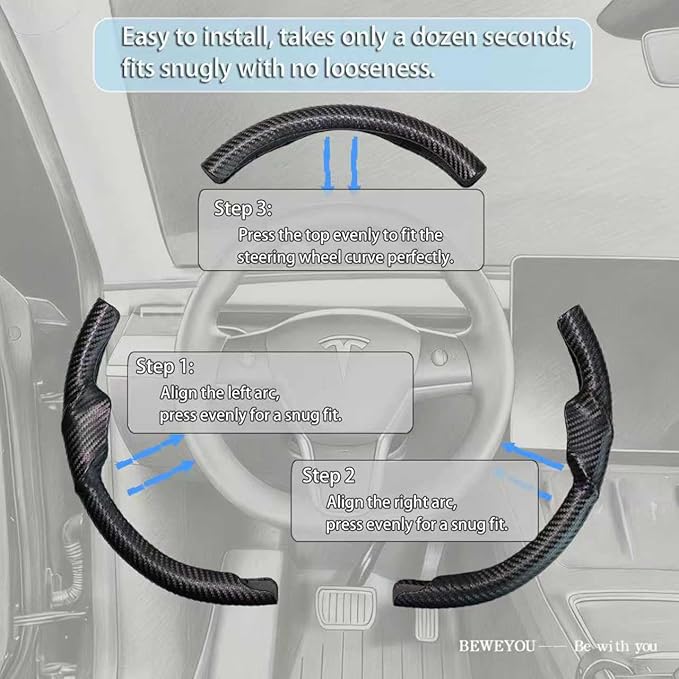 Carbon Fiber Steering Wheel Cover for Tesla Model 3 2017-2023 & Model Y 2020-2024, Anti-Slip Wear-Resistant High Temperature Resistant (Matte Black)