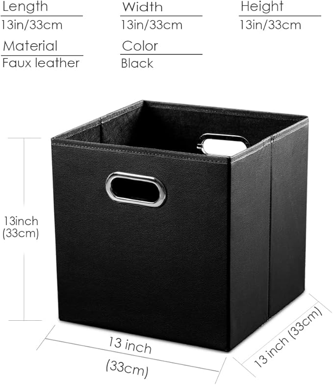 PRANDOM Leather Foldable Cube Storage Bins 13x13 inch [2-Pack] Fabric Storage Baskets Cubes Drawer with Cotton Handles Organi