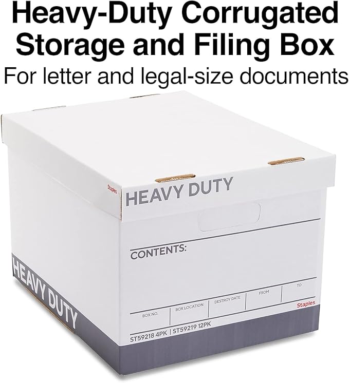Staples Storage & Filing Box, Heavy-Duty with Handles & Removable Lid, Letter & Legal Size Documents, Stackable, 12-Pack, Whi