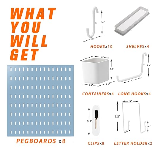Pegboard Combination Kit, 8 Peg Boards and 30 Accessories Modular Hanging Black Pegboard for Walls, Office Wall Organizer, Ke