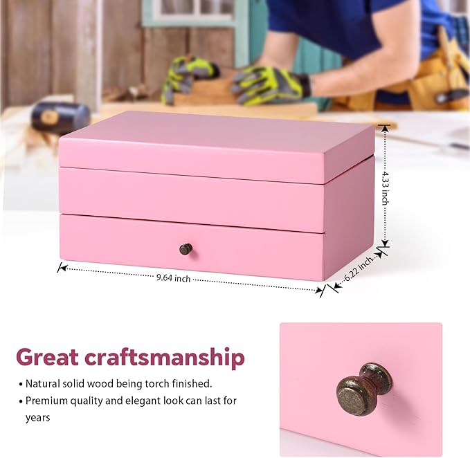 Meangood Jewelry Box Organizer for Women, 2 Layer Large Jewelry Storage Case, Rustic Wooden Jewelry Box with Mirror & Ring Tr
