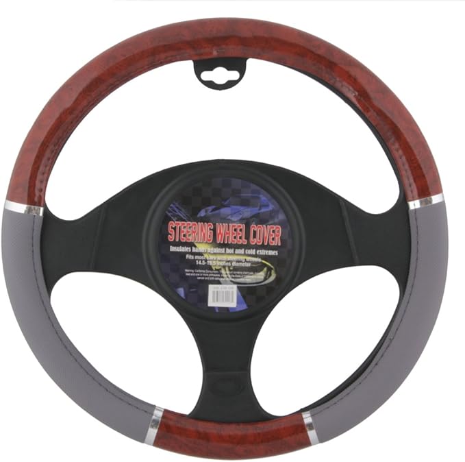 BDK Dark Wood Grain Car Steering Wheel Cover, Standard 15 inch with Gray Faux Leather Grip, Made to Fit Most Auto Truck Van S