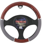 BDK Dark Wood Grain Car Steering Wheel Cover, Standard 15 inch with Gray Faux Leather Grip, Made to Fit Most Auto Truck Van S