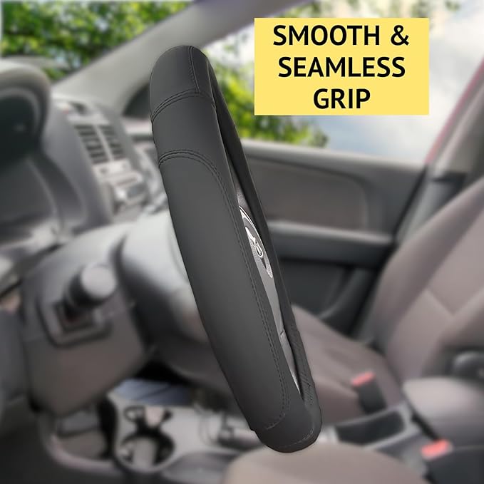Steering Wheel Cover, Black, Real Genuine Leather, Small, 14 inch, for Men and Women, Universal, Stretch On, Heat Resistant, Stays Cool, Non-Slip, HANWOLF