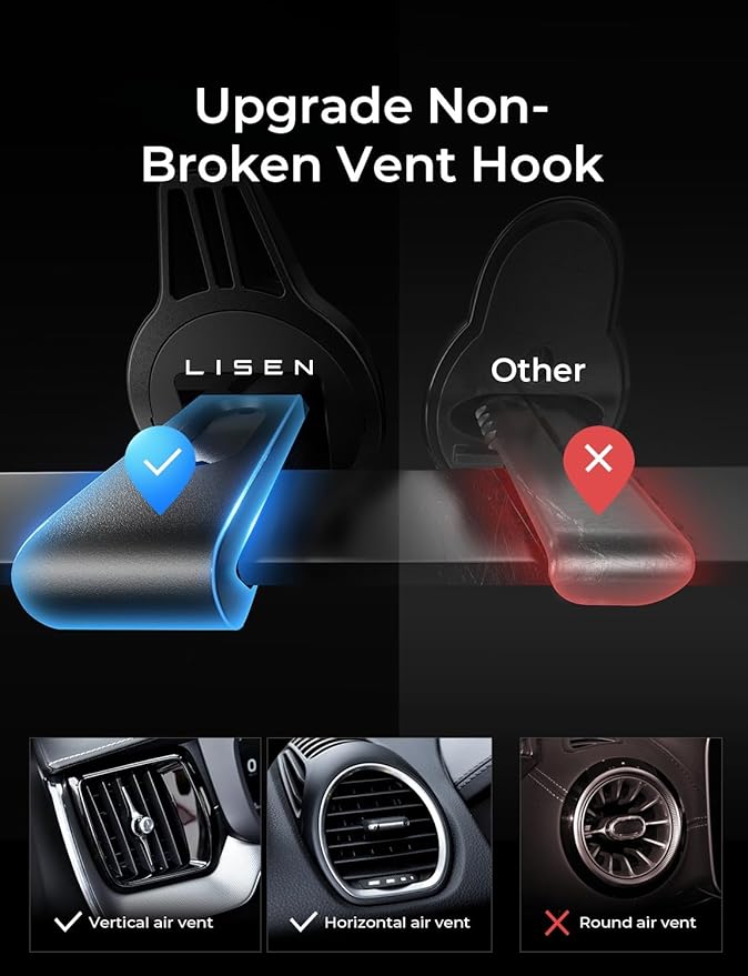 LISEN for MagSafe Car Mount Fits iPhone 17 Pro Max Air 16 15 14 13 Mag Safe Case, Magnetic Phone Holder for Car [24 Super Magnets] Car Vent Phone Mount for Mag Safe Phone Holder Car Accessories