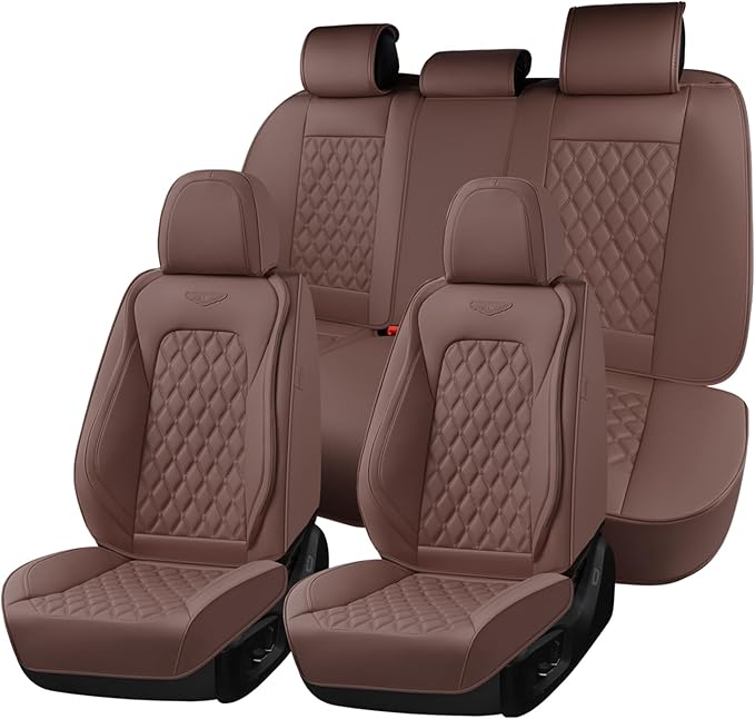 Coverado Full Set Car Seat Covers, Brown Leather Seat Protectors for Cars, Waterproof Luxury Front & Back Car Seat Covers, Un