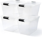 HOMZ 4-Pack 31 Quart Latching Lid, Clear Plastic Storage Organizer Bins, Gray – Stackable Containers for Home & Office Shelve