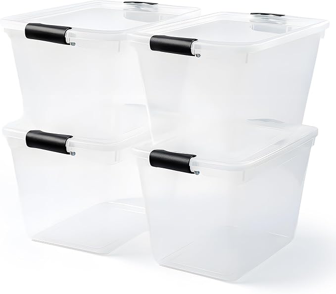 HOMZ 4-Pack 31 Quart Latching Lid, Clear Plastic Storage Organizer Bins, Gray – Stackable Containers for Home & Office Shelve