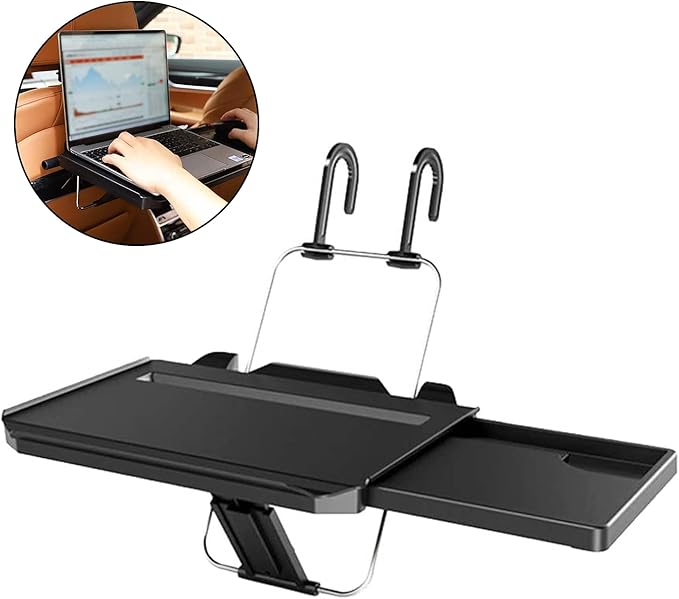 Car Steering Wheel Tray Multi-Functional Back Seat Headrest Tray Black Car Desk for Laptop Working Writing Eating Food Drinking with Extended Drawer