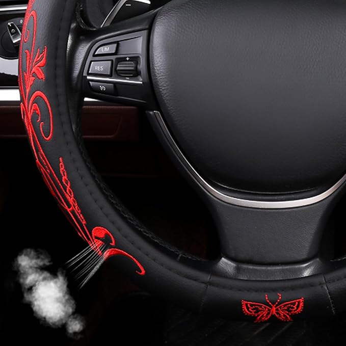 Red Embroidery Butterfly Car Steering Wheel Cover,14.5-15 Inch Universal Leather Covers Breathable Anti-Slip Odorless Steerin