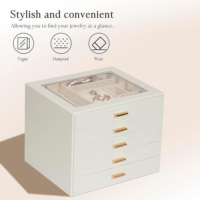 Jewelry Box with Glass Lid, 5-Layer Jewelry Organizer for Women Girls, PU Leather Display Case with 20-Grid Earring Tray & Mo