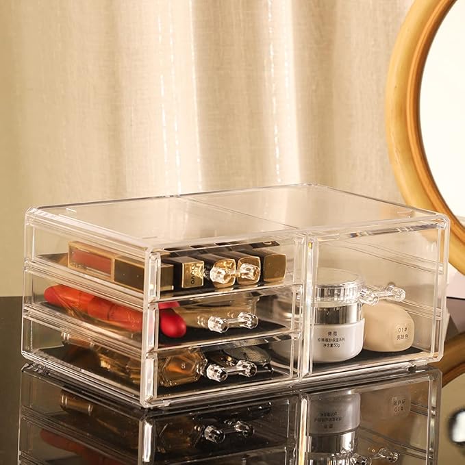 Cq acrylic Clear Stackable Storage Bins,Plastic Medicine Storage Organizer and Small Drawer Organizer with 4 Drawers for Make