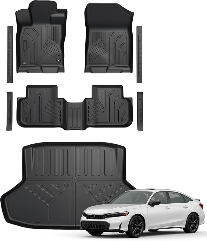 Floor Mats for Honda Civic Sedan 2022-2026/Acura Integra 2023-2026, All Weather Floor Mats Trunk Cargo Liner and Door Sill Guards Accessories, Full Coverage Set (Gas Only, Not fit Manual)