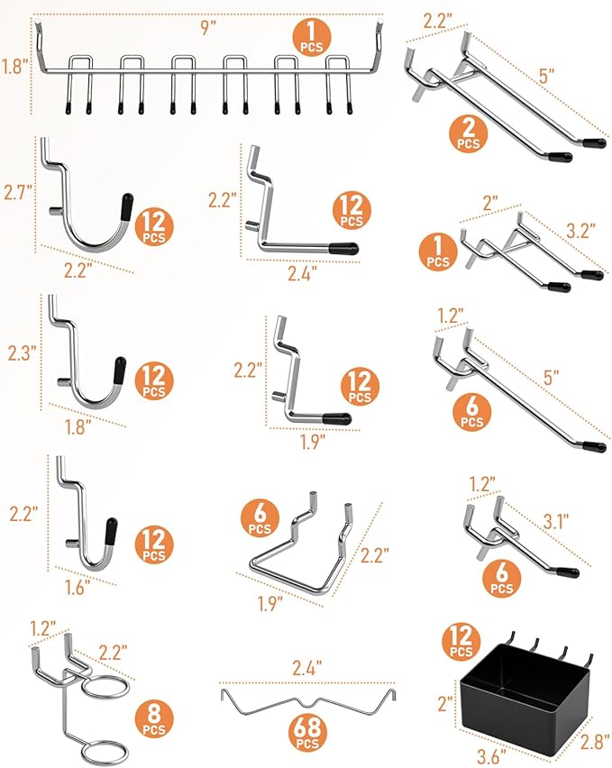 INCLY 170PCS 1/4 Inch Pegboard Hooks Kit, Extra Thick Heavy Duty Peg Board Organizer Accessories Assortment with Pegboard Bin