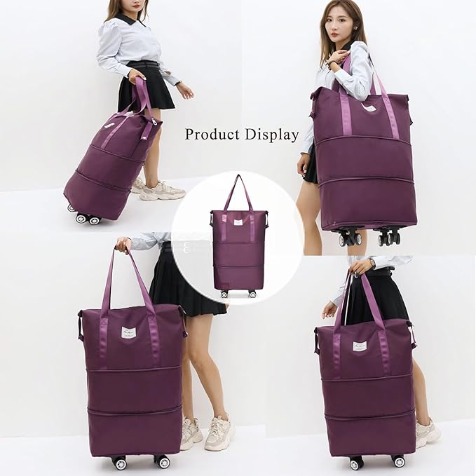Expandable Foldable Duffel Bag with Detachable Wheels, 64L Large Capacity Rolling Travel Duffle Bag, Lightweight Carry on Luggage with Spinner Wheels, Weekend Gym Tote Bag (Deep Purple)