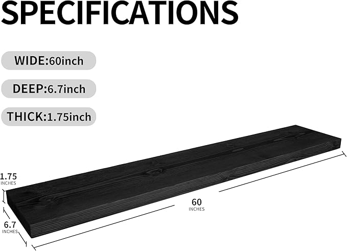 BGMG Wood Floating Shelves for Wall 60 inch Set of 2,Black Floating Shelves,Solid Wood Wall Mount Shelves for Living Room Bed