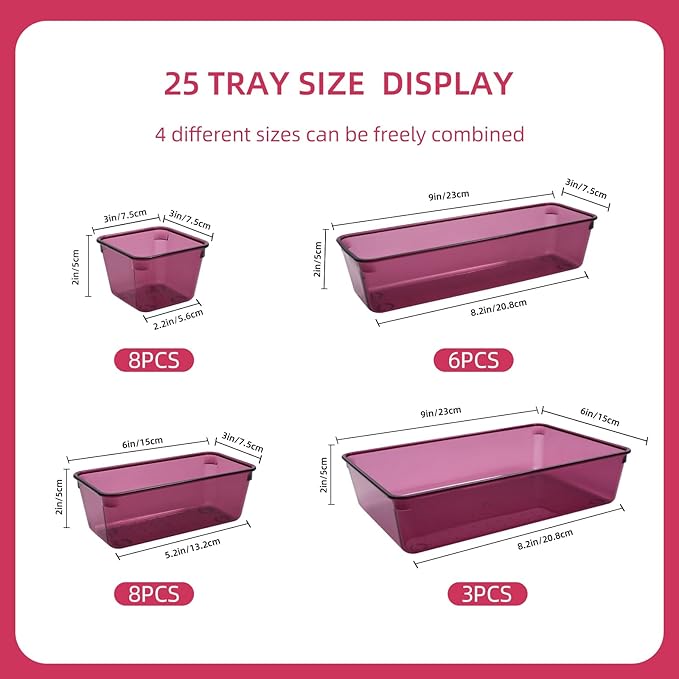 Kitchen Desk Drawer Organizers Storage for Office, Small Acrylic Vanity Trays Makeup for Drawer Bathroom Plastic Make up Orga