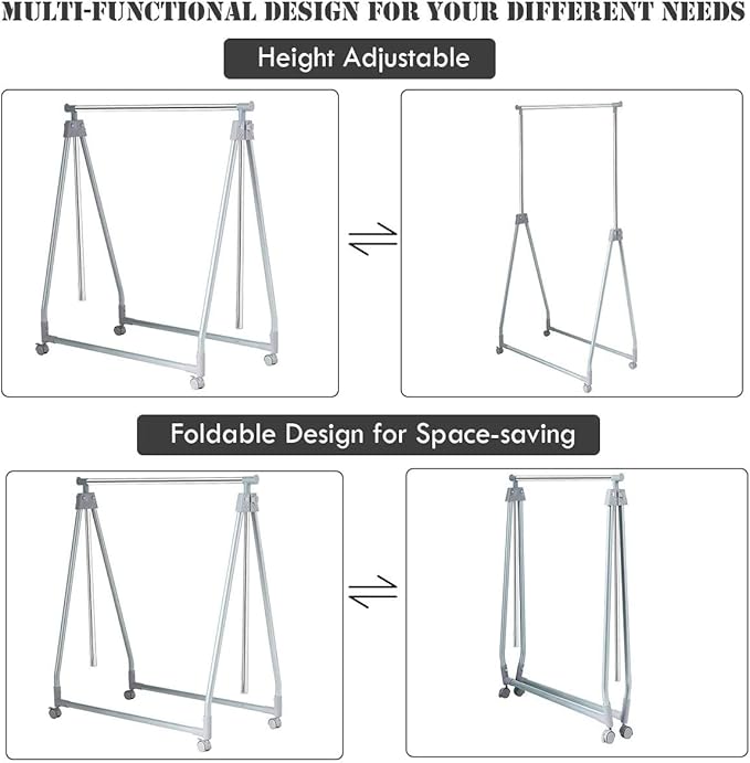 Nightcore Extendable Garment Rack, Heavy Duty Foldable Clothes Rail with Adjustable Hanging Rod & Rolling Casters, Movable Cl