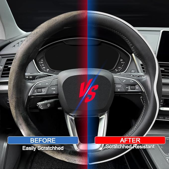 HAOTULE Leather Steering Wheel Cover， with Anti-Slip Stripe Design - Enhanced Grip, Fashion Style, Safe, Non-Slip, Breathable