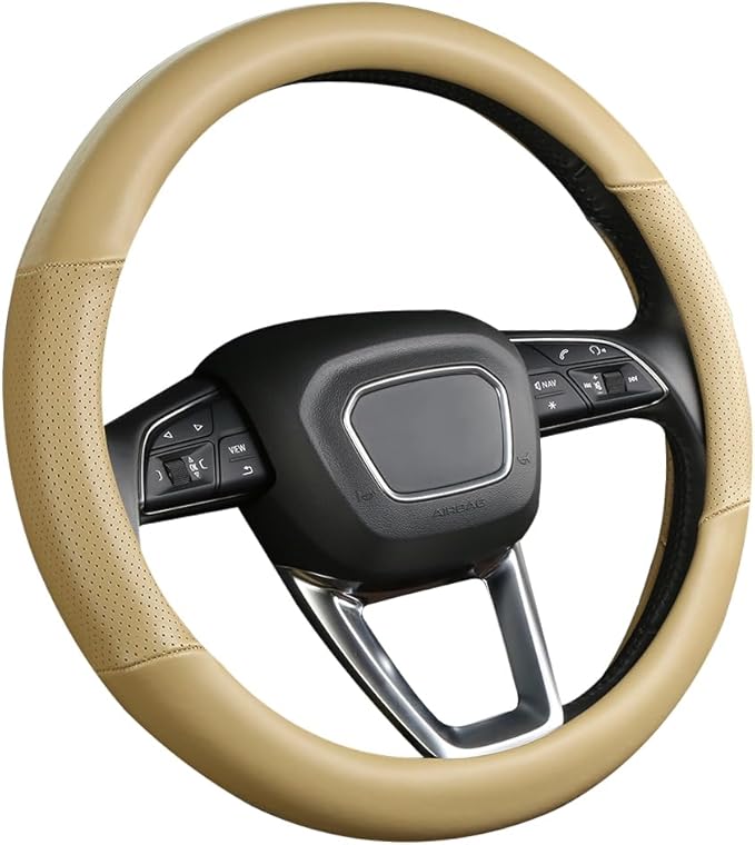 Cxtiy Genuine Leather Steering Wheel Cover with Ventilation Holes Luxury Cowhide,Breathable and Anti-Slip,14.5-15 inch(Beige)