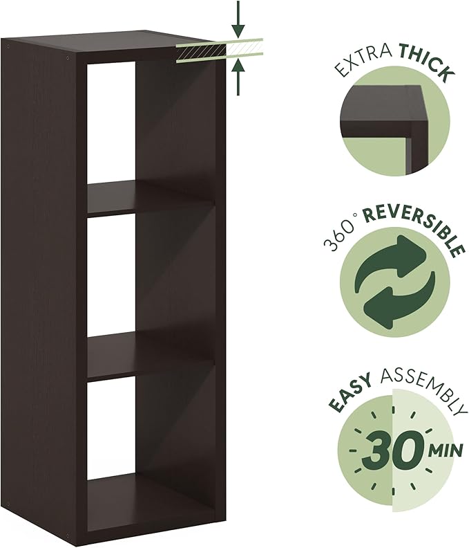 Furinno Cubicle Book Shelf, 3-Cube Bookshelf, Extra Thick Frame Horizontally & Vertically Reversible Bookcase with Open Back,