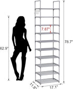 10 Tiers Tall Shoe Rack Narrow 20-24 Pairs Shoe Rack for Closet Entryway Vertical Metal Shoe Rack Organizer Shoe and Boots Or