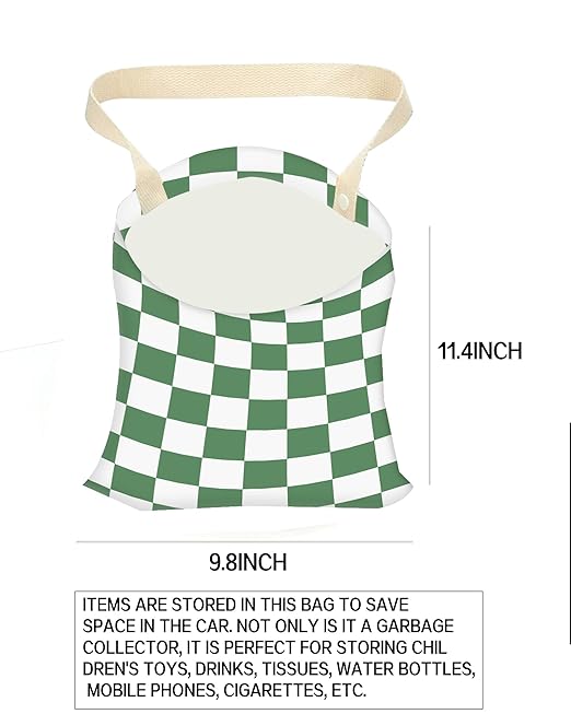 Car Trash Can, Durable Hanging Car Trash Garbage Bag, Cute Automotive Garbage Cans Organizer, White Green Checkerboard
