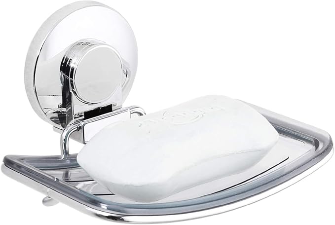 LEVERLOC Chrome Suction Cup Soap Dish Holder for Shower Wall Drill-Free Rustproof Waterproof Wall Mount Strong Suction Remova