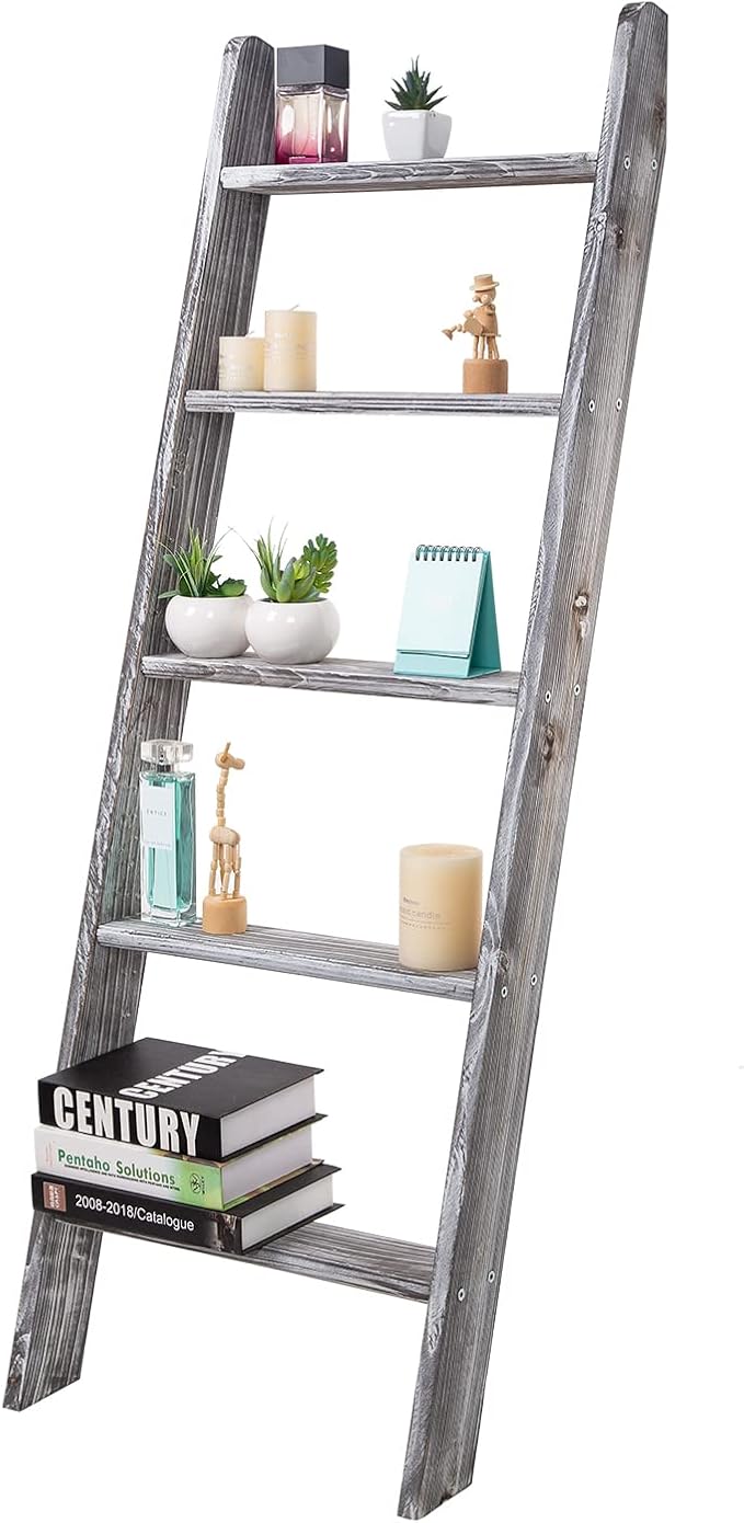 Rustic 5-Tier Wall-Leaning Wood Loadder Towel Racks for Bathroom Livingroom Kithen Office Woden Farmhouse Ladder-Style Blanke