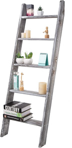 Rustic 5-Tier Wall-Leaning Wood Loadder Towel Racks for Bathroom Livingroom Kithen Office Woden Farmhouse Ladder-Style Blanke
