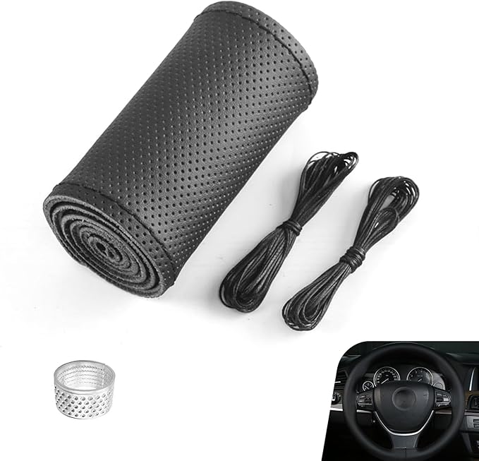 Car Steering Wheel Cover, DIY Hand-sewn Genuine Anti-slip Protector with Needle and Thread, Breathable Perforated Comfortable