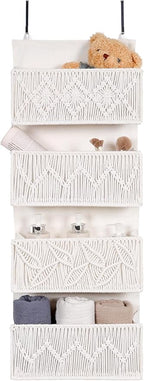 Macrame Over the Door Organizer Boho Decor Nursery Storage, Leaf Weaving Closet Organizers and Storage，with 4 Hanging Pockets