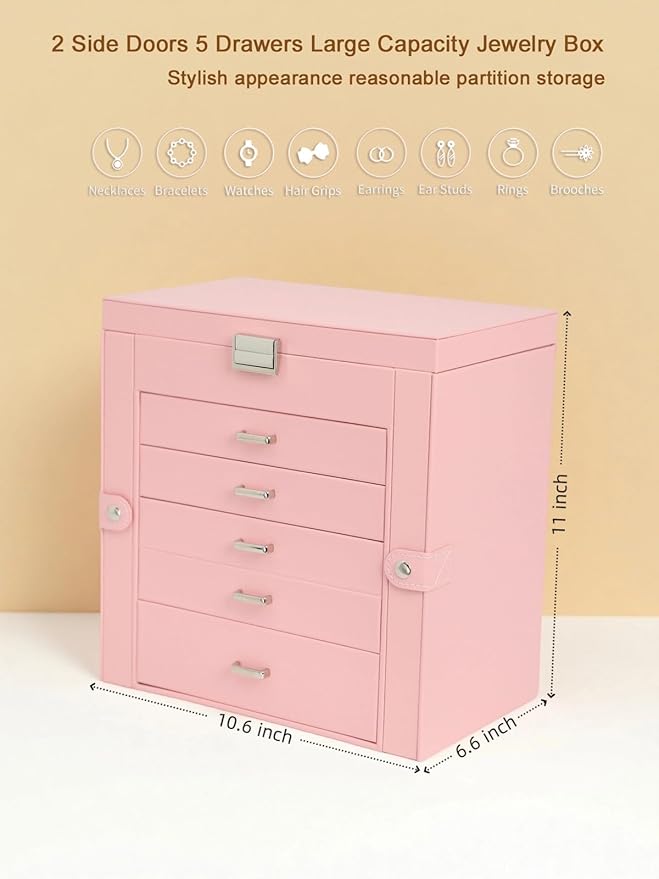 BOOVO Jewelry Box For women, 6 Layer Large Jewelry Organizer With Mirror, Multi-Function Storage Box With Lock, Necklace Hold