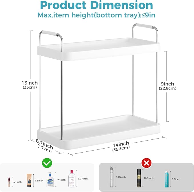 Vtopmart 2-Tier Bathroom Countertop Organizer, Vanity Dresser Counter Tray Shelf for Skincare, Perfume, Makeup, Silver