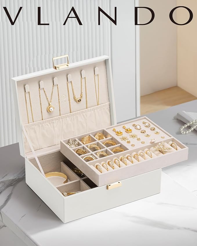 VLANDO Jewelry Box for Women, Gift for Women Girls,2 Layer Jewelry Box,Large Jewelry Organizer for Women Removable Jewelery T