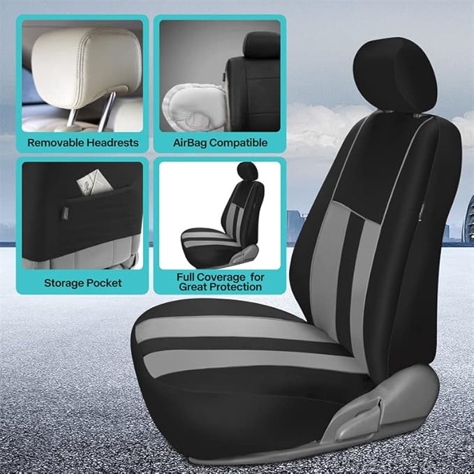 FH Group Car Seat Cover Full Set Striking Striped Gray Car Seat Covers with Front Seat Covers and Rear Split Bench Car Seat C