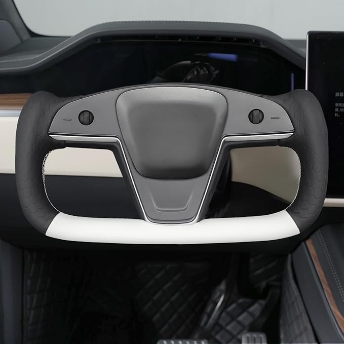 MEWANT Hand Stitched White Leather Steering Wheel Cover Wrap for Tesla Model S 2021-2023 / Model X 2021-2023 Steering Wheel Accessories