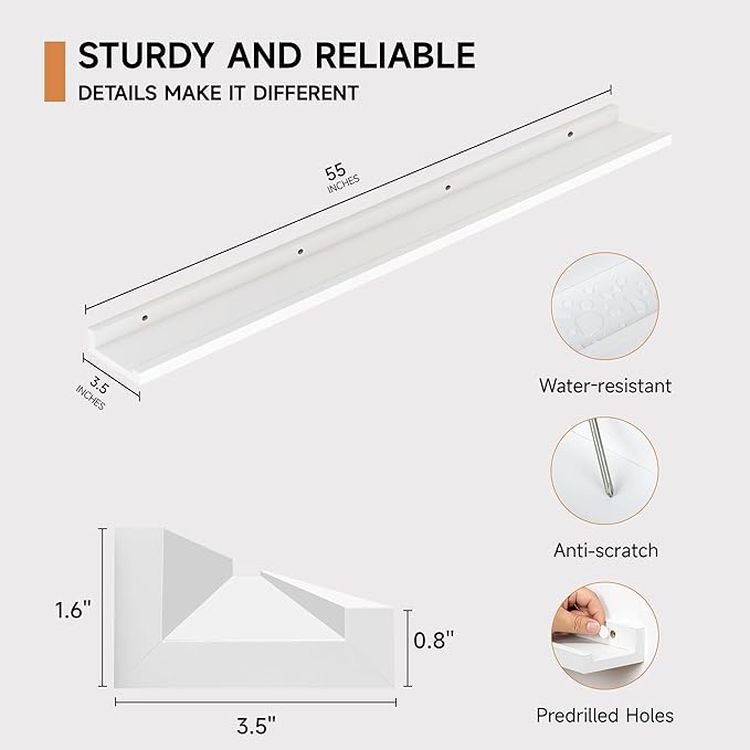 Floating Picture Ledge Shelves for Wall Set of 2, 55 Inches Picture Shelf with Ledge, Nursery Book Shelf for Toys Storage Kid