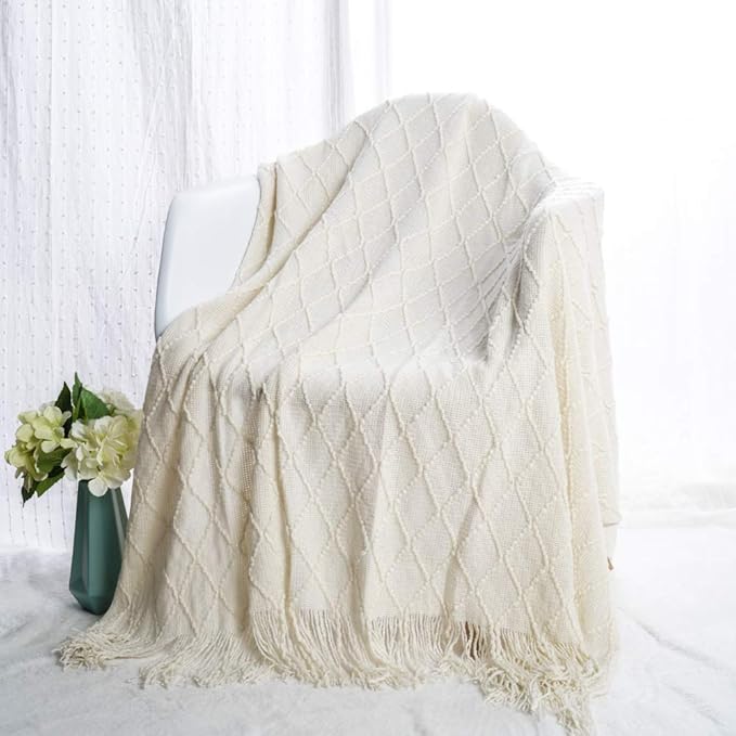 BATTILO HOME Large Cream Throw Blanket with Fringe, End of Bed Throw Blankets White,Spring Throw Blanket for Couch Sofa Indoo