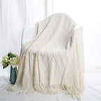 BATTILO HOME Large Cream Throw Blanket with Fringe, End of Bed Throw Blankets White,Spring Throw Blanket for Couch Sofa Indoo