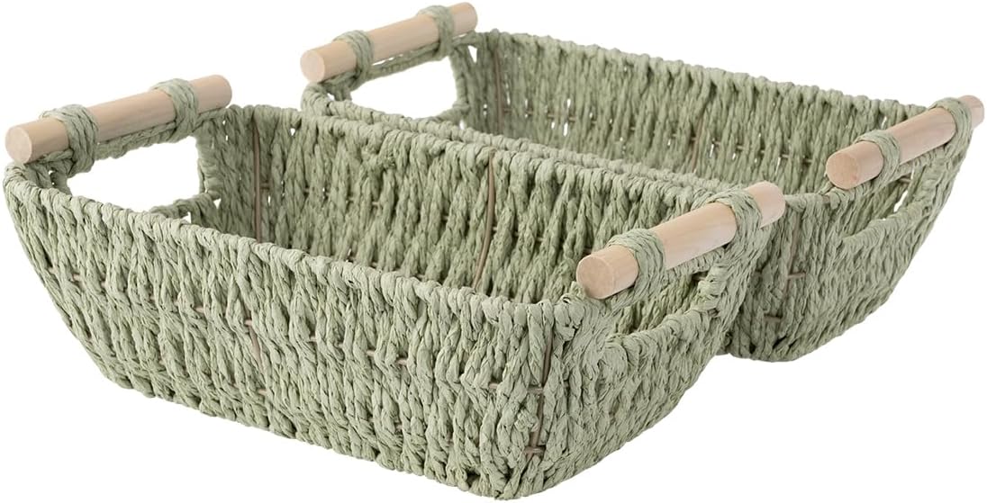StorageWorks Round Paper Rope Woven Basket with Wooden Handles for Gifts, Small Woven Baskets for Shelf, Bosana Green, 2-Pack