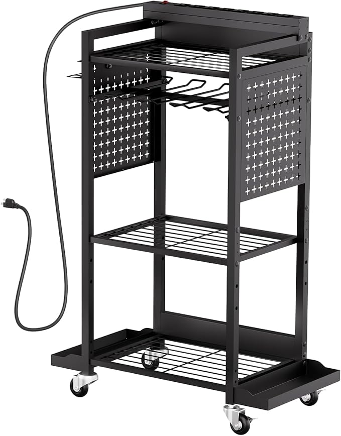 VEVOR 4-Tier Tool Organizer Cart with Charging Station, 8 AC Outlet, Floor Stand Rolling Drill Holder and Tool Battery Storag