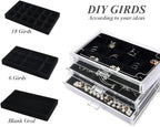 YUFONG Earring Organizer Box Acrylic Jewelry Organizer with 3 Drawers 54 Adjustable Grids Clear Stackable Earring Holder Velv
