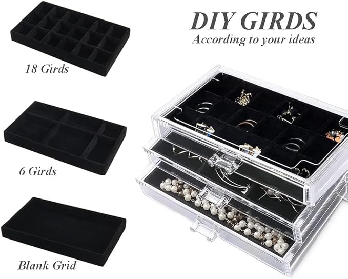YUFONG Earring Organizer Box Acrylic Jewelry Organizer with 3 Drawers 54 Adjustable Grids Clear Stackable Earring Holder Velv