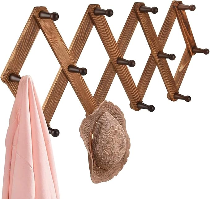 Homode Vintage Wood Expandable Peg Rack- Multi-Purpose Accordion Wall Hangers with 13 Hooks for Hats, Coat, Mugs, Scarf, Jewe